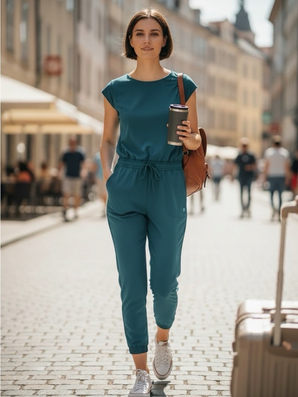 Albion Fit Jetsetter Teal Jumpsuit Gold Ankle Zippers With Pockets Size M Petite